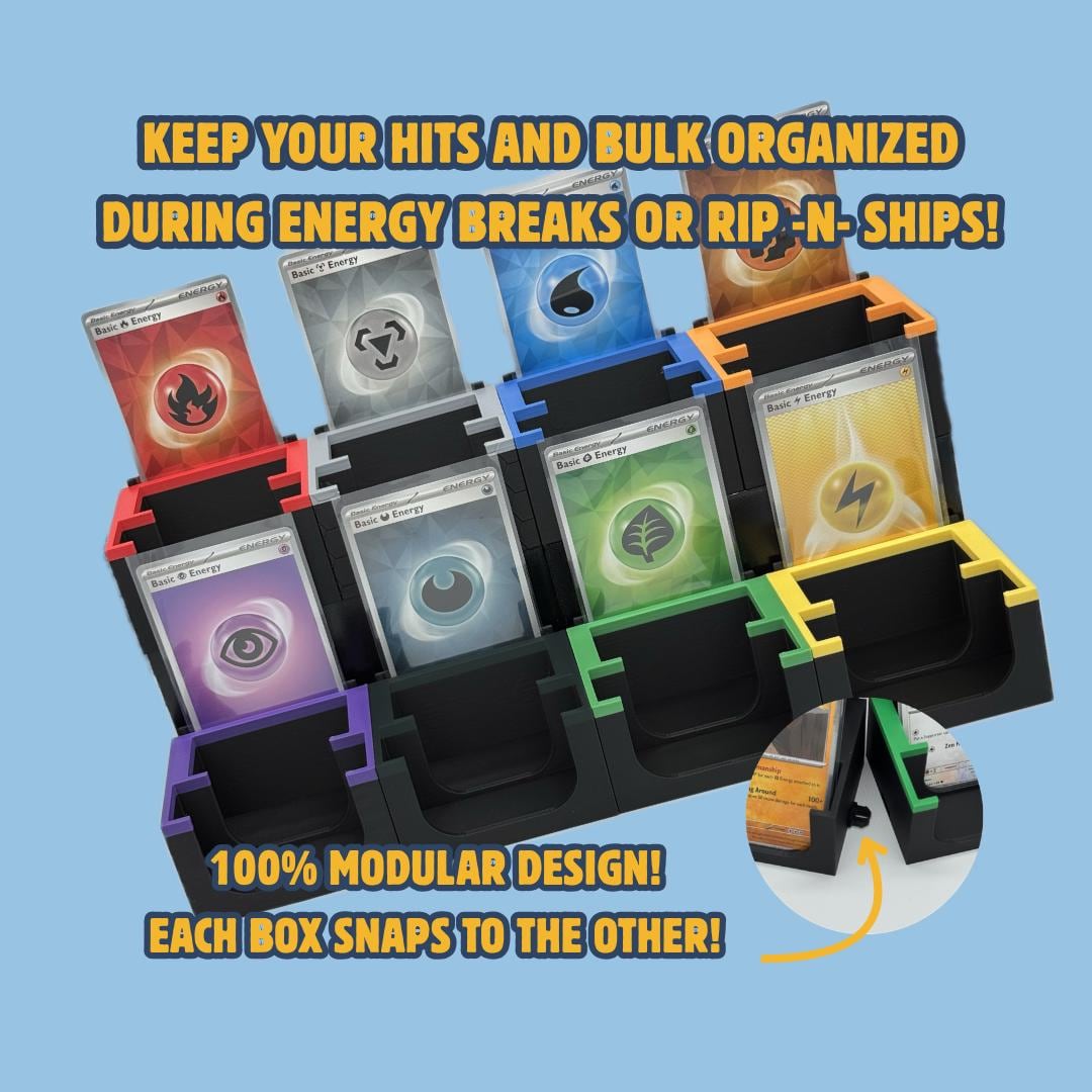 8-piece Pokémon TCG Energy Break Organizer set for live card breaks” or “TCG Energy Break Organizer showing bulk, hit and Energy card sections.
